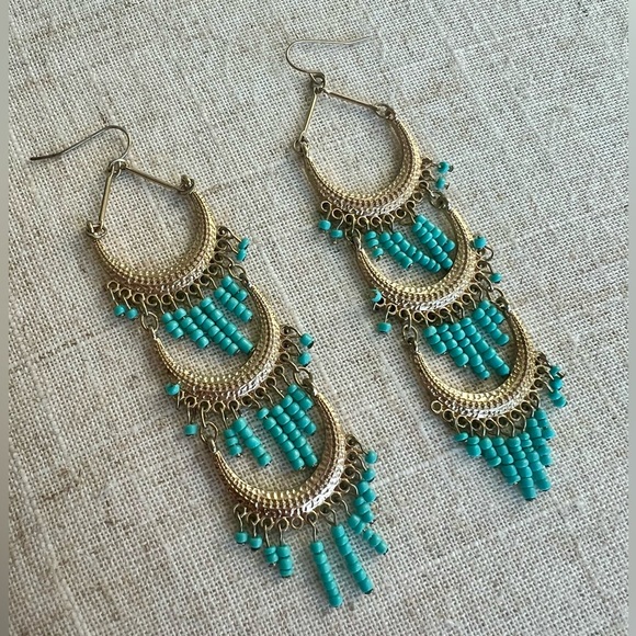 Gold & Turquoise Dangle Earrings - Picture 2 of 3